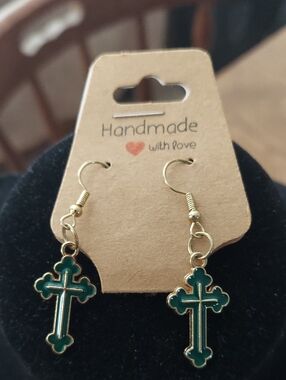 Handmade Green Enamel Cross Drop Earrings
